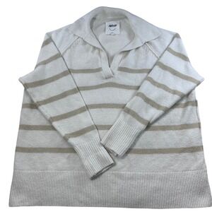 Aerie Striped Polo Sweater Womens XS Cream Tan Oversized V-Neck Coastal Knit
